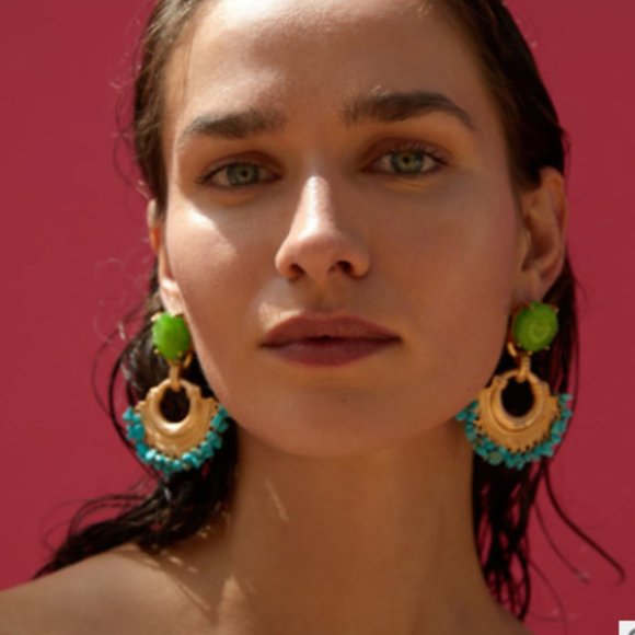 ZARA Turquoise Gold Resin Boho Statement Earrings - Picture 3 of 13